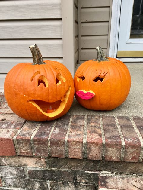 Love how mine and my boyfriend's pumpkins turned out cute couples pumpkin carving idea Odd Shaped Pumpkin Carving, Matching Pumpkins Carvings, Cute Couples Pumpkin Ideas, Two Pumpkin Carving Ideas, Double Pumpkin Carving Ideas, Matching Carved Pumpkins, Pumpkin Carving Couples Ideas, Easy But Cute Pumpkin Carving Ideas, Pumpkin Carving Ideas Matching