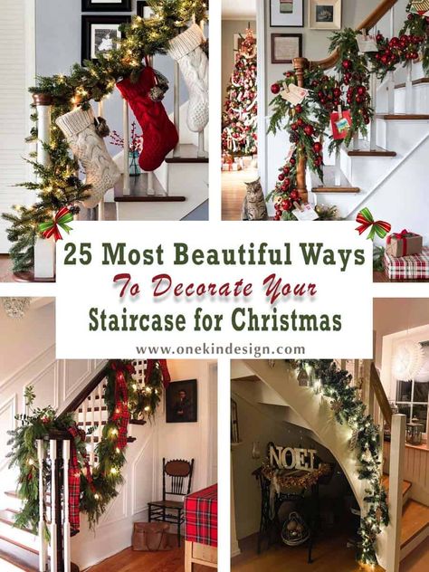 25 Most Beautiful Ways to Decorate Your Staircase for Christmas Xmas Bannister Decorations, How To Decorate A Banister, Christmas Landing Decor, Diy Christmas Decorations For Stairs, Christmas Decoration On Stairs, Stair Case Christmas Ideas, Modern Staircase Christmas Decor, Christmas Stairway Swag, Ribbon On Banister Christmas