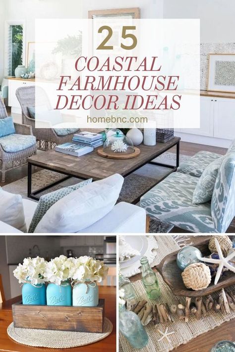 Bring coastal charm into your home this summer! These coastal farmhouse decor ideas will inspire you to refresh your living room, bedroom, kitchen, or any other space with a new look! Nautical Farmhouse Living Room, Rustic Coastal Decor Living Room, Coastal Farmhouse Aesthetic, Beach Theme Living Room Coastal Style, Coastal Farmhouse Living Room Ideas, Beachy Farmhouse Decor, Nautical Farmhouse Decor, Farmhouse Coastal Living Room, Farm Beach House