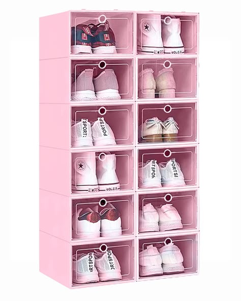 PRICES MAY VARY. 💙【Easily Assembling Shoe Container】 Easy to take dimensions: 13 L x 9 W x 5.4 H inches. These foldable and stackable shoe boxes storage come flat-packed so all you have to do is to fold them up and lock them together depend on your needs. It only takes you few minutes to put boot storage together, Please click on the video and install under instruction. 💙【Perfect Space Saver】】Stackable Storage Shoe Box help to simply organize closets and living areas, flat folding design makes Small Shoe Organization, Cute Shoe Organization, Pink Shoe Rack, Cute Shoe Rack, Toddler Shoe Storage, Dorm Shoe Storage, Box For Shoes, Organize Plastic Containers, Clear Shoe Boxes