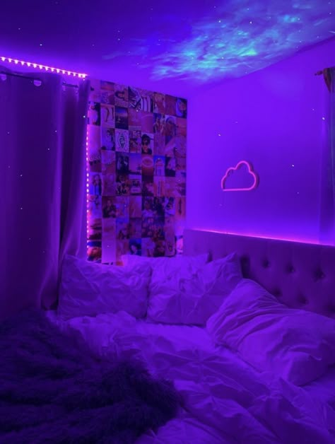 Vibey Room, Purple Room Decor, Vibe Rooms, Neon Bedroom, Aesthetic Bedroom Ideas, Purple Vibe, Chill Room, Neon Room, Purple Rooms