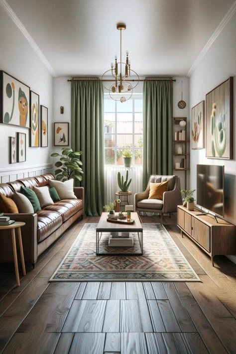 Sage Green Living Room Brown Sofa, Brown Couch Green Accents, Light Green And Brown Living Room, Living Room Olive Green Accents, Curtains With Brown Couch, Olive And Gold Living Room, Brown And Green Home Decor, Olive Curtains Living Room, Brown And Sage Living Room