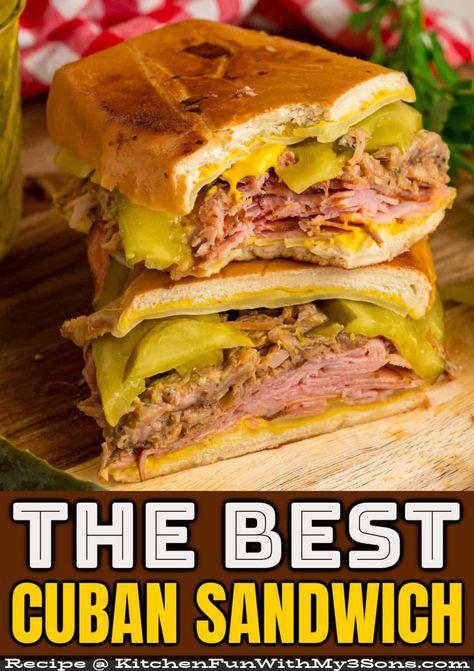 This classic Cuban Sandwich recipe features ham, Swiss cheese, pulled pork, mustard, and pickles on a loaf of Cuban bread, cooked in a panini press until golden on the outside with gooey melted cheese inside. Serve with chips or coleslaw for an easy lunch or dinner! #sandwichrecipes #hotsandwiches #easylunchideas Cuban Sandwich Recipe, Pork Sandwich Recipes, Easy Lunch Idea, Cuban Bread, Sandwhich Recipes, Panini Recipes, Panini Press, Gourmet Sandwiches, Cuban Sandwich