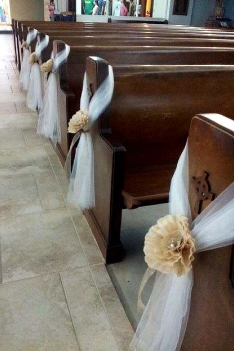 Beautiful Wedding Aisle Decoration Ideas ❤ See more: http://www.weddingforward.com/wedding-aisle-decoration-ideas/ #weddings Tulle Wedding Decorations, Church Pew Decorations, Wedding Pew Decorations, Wedding Church Aisle, Wedding Ceremony Chairs, Church Aisle, Pew Decorations, Wedding Pews, Church Wedding Ceremony