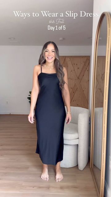 Iris Hess on Instagram: "How to style a silk dress for fall. There is endless possibilities styling a slip dress for fall! Hope you get inspired with my slip dress styling videos, where I will be showing how to take this versatile piece from day to night, casual to mom life. Comment “FALL” below and I will dm you the outfit link. #falloutfitideas #fallfashion2023 #falloutfitinspo #autumnfashionideas #autumnoutfits #loafershoes #slipdress #thanksgivingoutfitideas" Long Black Satin Dress Outfit Casual, Slip Dress With Boots Outfit, Sweater Over Silk Dress Outfit, Black Silk Dress Outfit Casual, Navy Slip Dress Outfit, How To Style A Black Slip Dress, Slip Dress Sweater Outfit, Black Satin Dress Outfit Casual, Casual Satin Dress Outfit