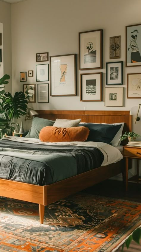 Mid Bedroom Century, Caramel Wood Bed Frame, Modern Bohemian Apartment, Mid Century Contemporary Bedroom, Modern Retro Interior Design Bedroom, Green Mcm Bedroom, Mid Century Modern Bedroom Blue, Green Paint Bedroom Ideas, Cozy Bright Bedroom