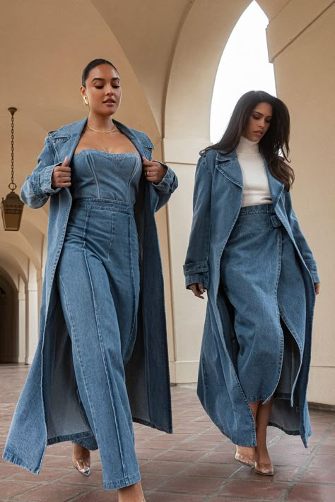 Satin Dress Denim Jacket, Denim On Denim Outfit 90s, Denim Gown, Full Denim Outfit, Nye 2024, Urban Shoot, All Denim Outfits, Plus Zise, Outfit Denim