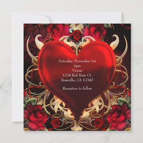 Red & Gold Gothic Love Romance Heart Wedding Invitation | Zazzle.com Engagement Roses, Gothic Love, Halloween Wedding Invitations, Heart Wedding Invitations, Popular Wedding Colors, Wedding Invitation Size, Goth Wedding, Purple Halloween, Gold Invitations