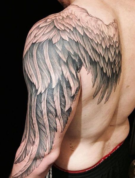 Wing Arm Tattoo, Angel Wings Tattoo Shoulder, Angel Wing Arm Tattoo, Wing Tattoos On Back, Wing Tattoo Men, Cool Shoulder Tattoos, Small Shoulder Tattoos, Girl Back Tattoos, Wing Tattoo Designs