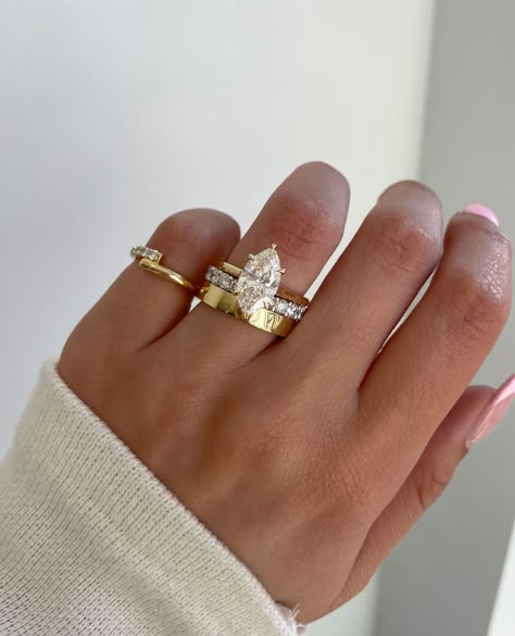 Stacking up the sparkle✨  Leila Marquise Solitaire + Elizabeth 3.5mm Eternity Ring + Piper 4mm Cigar Band.   A match made in heaven🤍    Details: 2.50cts | F | VVS2 Ring Stack With Wedding Ring, Wedding Ring Stack Thick Band, Marquise Engagement Ring 4 Carat, Marquise Engagement Ring And Band, 2 Carat Marquise Diamond Ring, Ring Stack With Engagement Ring, Marquise Engagement Ring And Wedding Band, Wedding Ring Stack Marquise, Marquis Ring Stack