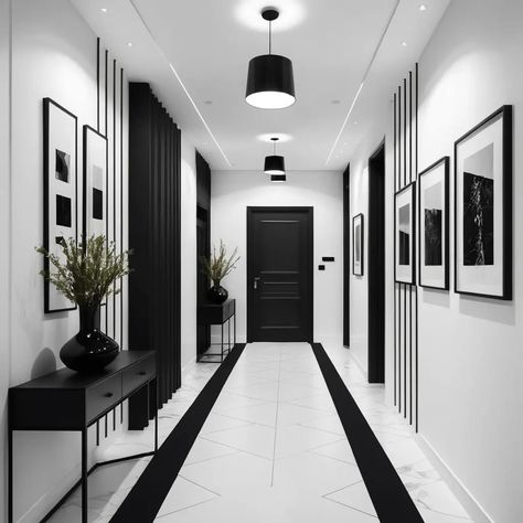 36 Modern Hallway Paneling Ideas to Elevate Your Home Modern Stairway Decor, Black Entrance Hall, Foyer Wall Paneling, Hallway Update Ideas, Small Accent Wall Ideas Hallways, Black And White Foyer Entryway, Picture Hallway Ideas, Black Woodwork Hallway, White And Black Hallway