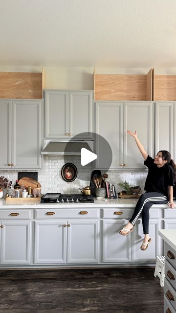 Fariha Nasir (Fa-ree-ha) on Instagram: "Extending my builder grade kitchen cabinets to the ceiling part 1 ✨ not all kitchens need cabinets all the way up to the ceiling but when all you have is a few feet left, it’s best to fill them up with cabinets and more trim 😍 I’ll share all the details in a blog post so you can follow along!  . Now the question is: should I attempt making my own cabinet doors or should I just order custom doors online? 👀 . . . . . . . . #kitchencabinets #diykitchen #kitchenrenovation #kitchenremodel" Extended Kitchen Cabinets To Ceiling, Filling In Above Kitchen Cabinets, Kitchen Cabinets Add On, Top To Bottom Kitchen Cabinets, Kitchen Tile To Ceiling Above Cabinets, Flushed Kitchen Cabinets, Adding To Top Of Kitchen Cabinets, Filling In Top Of Kitchen Cabinets, Trim On Bottom Of Kitchen Cabinets