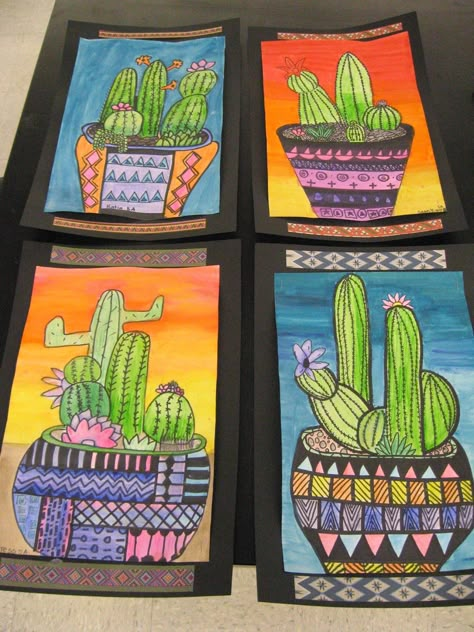 Good lesson for texture and pattern, color.  Could be adapted and used for other grades as well. Collaborative Art Projects For Kids, Cactus Paintings, Collaborative Art Projects, 6th Grade Art, 4th Grade Art, 5th Grade Art, Classroom Art Projects, 3rd Grade Art, Art Class Ideas