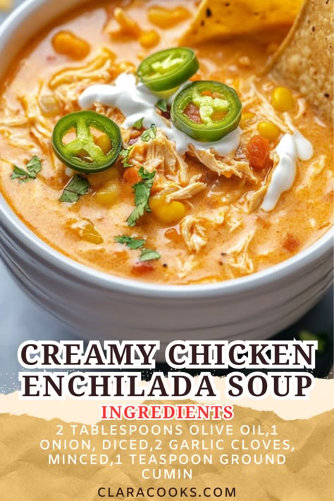 Creamy Chicken Enchilada Soup Cheese Chicken Enchilada Soup, White Chicken Enchiladas Soup, Chicken Enchiladas Soup Instant Pot, Chicken Enchilada Soup No Beans, Hearty Soup Crockpot Recipes, Chicken Cheese Enchilada Soup, Optavia Chicken Enchilada Soup, Crockpot Creamy Chicken Enchilada Soup, Creamy Enchilada Soup Crockpot