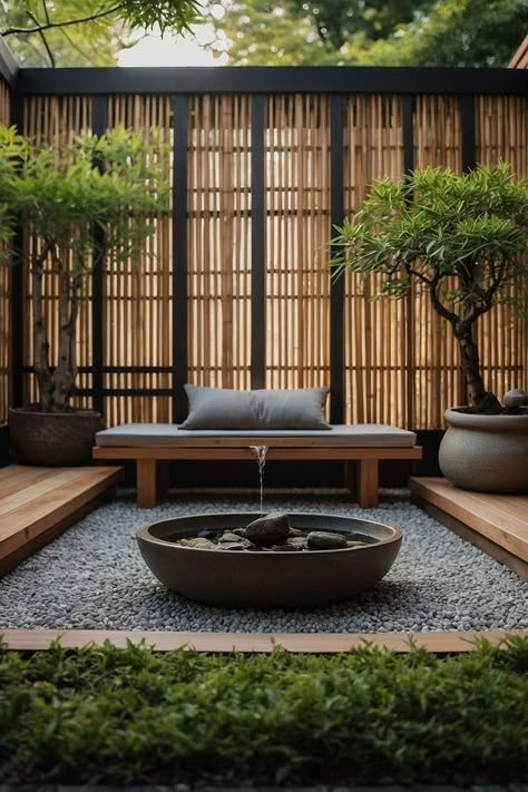 Japandi Patio Furniture, Japanese Deck Design, Japanese Courtyard Garden Small Spaces, Japandi Patio, Japanese Deck, Japanese Patio, Bamboo Bonsai, Japanese Courtyard Garden, Japanese Inspired Garden