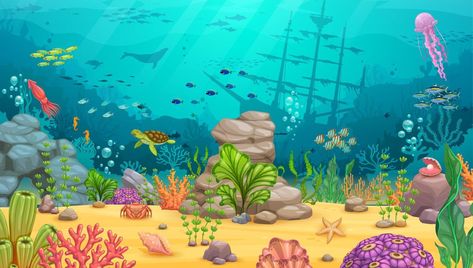 Shipwreck Drawing, Cartoon Underwater, Sea Cartoon, Underwater Shipwreck, Underwater Cartoon, Underwater Landscape, Ocean Plants, Sail Ship, Underwater Background