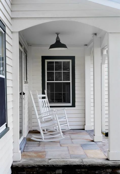 This Tennessee Farmhouse is the Epitome of Southern Comfort Black Trim Exterior House, White House Black Trim, Black Window Trims, White Siding, Black Shutters, Rocking Chair Porch, Window Trim Exterior, Farmhouse Windows, White Windows