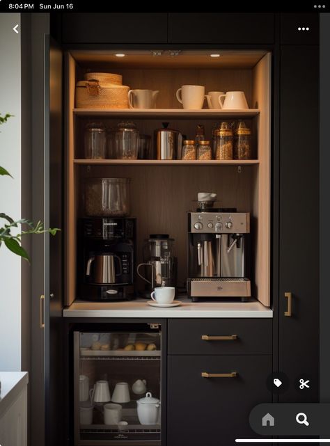 Coffee Station Built In Cabinet, Coffee And Toaster Station, Coffee Zone Kitchens, Coffee Machine Station Kitchens, Breakfast Cupboard Coffee Stations, Coffee Bar Design Home Kitchen, Home Beverage Station, Hotel Room Coffee Station, Coffee Bar In Home