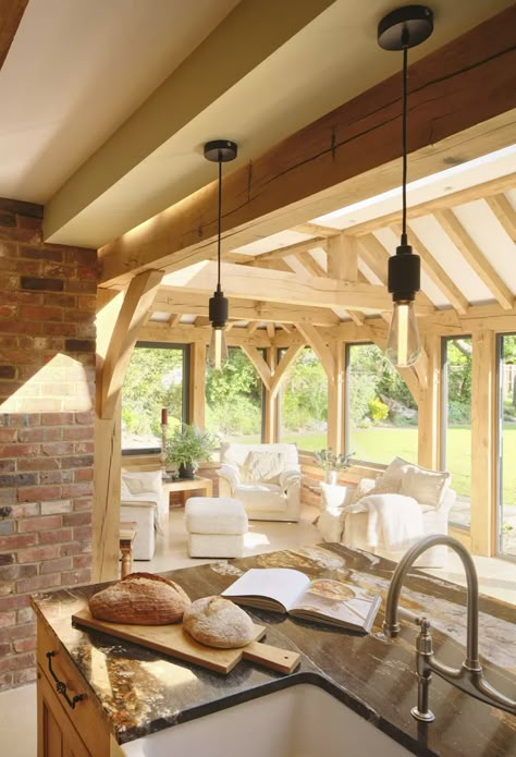 Oak frame orangeries | Home extensions Modern Orangery Extension, Kitchen Conservatory Extension, Conservatory Kitchen Extension, Cottage Kitchen Island, Cosy Seating Area, Orangery Interior, Timber Frame Extension, Stable Conversion, Kitchen Orangery