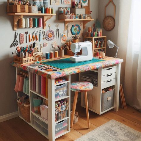 15 Small Craft Room Ideas for Creative Spaces Craft Sewing Room Ideas Work Spaces, Crafty Room Ideas, Small Craft Office Ideas, Craft Room Spare Bedroom Combo, Craft Room Decorations, Sewing Room Inspiration Small Spaces, Sewing Desk Ideas Small Spaces, Small Space Craft Storage, Craft Station Ideas