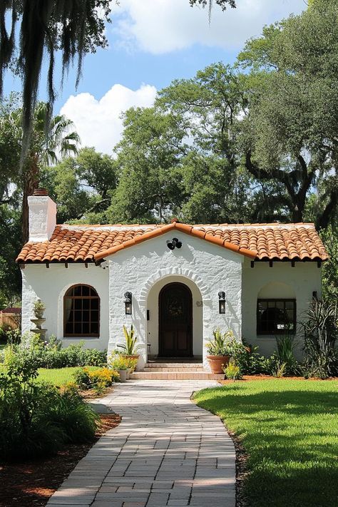 Charming white bungalow with a terracotta roof surrounded by greenery. Modern bungalows combine cozy charm with sleek design, proving that small spaces can deliver big style and functionality. Florida Bungalow Homes, Spanish Style Porch Ideas, Mediterranean Bungalow Exterior, Spanish Style Bungalow Exterior, Tiny House Spanish Style, Spanish Style Casita, Spanish Revival Floor Plans, Mexican Villa House Spanish Style, Two Story Spanish Style Homes