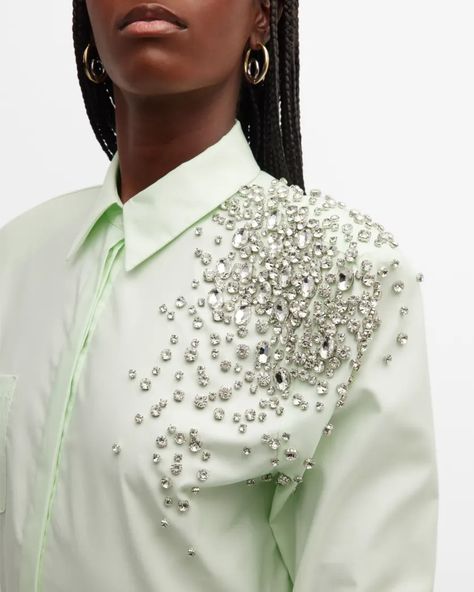 Hellessy Alfred Crystal-Embroidered Button-Front Shirt | Neiman Marcus Clothes Embroidery, Clothes Embroidery Diy, Beaded Shirt, Crystal Embroidery, Rhinestone Shirts, Embellished Shirt, Fashion Crafts, Embroidery Diy, Embroidery On Clothes