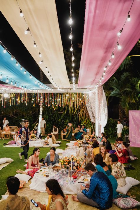 Bali Themed Party Decor, Mehendi And Sangeet Decor, Bali Indian Wedding, Pastel Sangeet Decor, Sangeet Theme Ideas, Pastel Themed Wedding, Whimsical Picnic, Sangeet Decoration, Pastel Wedding Theme