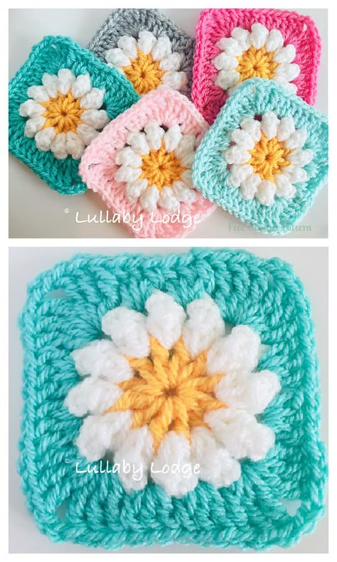 Crochet Daisy Granny Square Free Crochet Patterns + Video Crochet Daisy Granny Square, Crochet Flower Granny Square Pattern, Daisy Granny Square, Crochet Flower Squares, Squares Crochet, Granny Square Crochet Patterns Free, Poncho Crochet, Square Crochet Pattern, Mode Crochet