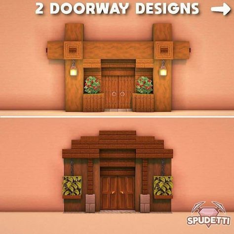 If you’re looking for things to build in Minecraft when you’re bored, I’ve put together a roundup of 32 cool build ideas. I’m sharing survival houses, mansions, castles, and more. This picture shows two front door designs. Minecraft Doorway, Minecraft Doorway Design, Doorway Design, Chalet Minecraft, Things To Build In Minecraft, Minecraft Hack, Mansion Minecraft, Villa Minecraft, Build In Minecraft