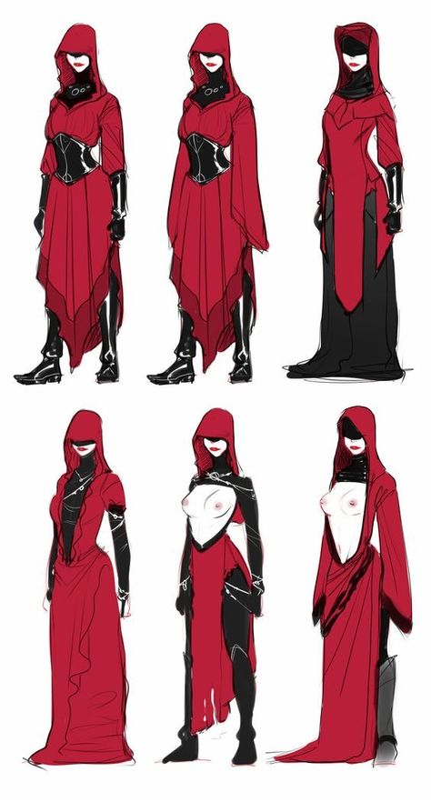 Revealing Outfit Character Design, Erinyes Art, Robes Character Design, Female Priest Art, Cultist Clothes, Fantasy Robes Concept Art, Robes Drawing Reference, Rogue Outfit Design, Mage Robes Concept Art