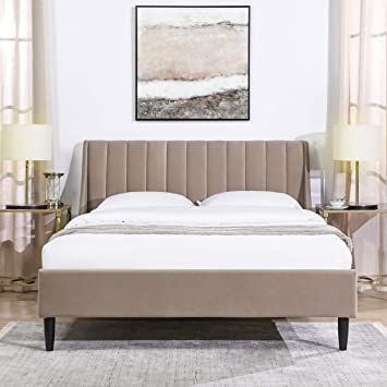 Sandy Wilson Home Marlowe Vertical Tufted Modern Headboard Platform Bed Set, Queen, Mink Beige Performance Velvet Velvet Tufted Bed, Upholstered King Bed, Headboard Platform Bed, Tufted Platform Bed, Modern Headboard, Modern Platform Bed, Wingback Bed, Tufted Bed, Tufted Headboard