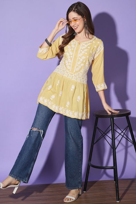 Chikankari Kurta Short, Chikankari Kurta With Jeans, Short Kurta With Jeans, Handmade Dress For Women, Kurta And Jeans, Chikankari Tops, Short Kurta For Women, Tunic Tops With Jeans, Magical Inspiration