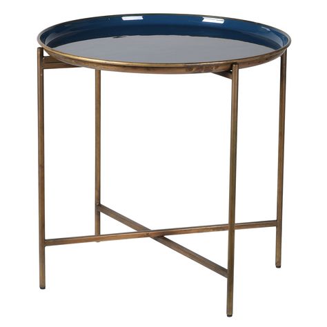 Enameled Metal Tray Table, Blue and Gold | Occasional Tables - Accessories Table Design Bedroom, Metal Coffee Tables, Bedside Table Ideas, Bedside Table Styling, Folding Side Table, Bedside Table Decor, Bedside Table Design, Tray Styling, Kitchen Family Room