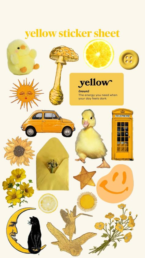 #yellow #stickers #stickersheet #aesthetic #bee #sticker #edit #printable Yellow Scrapbook Stickers, Stickers Sheet Aesthetic, Mellow Days Stickers Printable, Sticker Sheets Aesthetic Printable, Yellow Printable Stickers, Yellow Scrapbook Ideas, Yellow Aesthetic Journal, Stickersheet Aesthetic, Yellow Journal Stickers