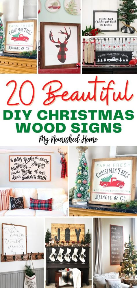 These 20 beautiful DIY Christmas wood signs are great home decor options for the holidays! You will find many ways to create a rustic wood sign for your home, office, or gift. I share how people use wood to paint, add metal for a pop of dimension to the sign, and more. Mini Signs Diy, Christmas Diy Wood Signs, Diy Xmas Signs, Christmas Kitchen Signs Diy, Small Wooden Christmas Signs, Diy Christmas Signs Wood Simple, Merry Christmas Wooden Sign, Cute Christmas Signs Diy, Holiday Signs Diy