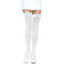 White Thigh Highs, Thigh High Stockings And Tights, Solid Socks, Stocking Tights, Leg Avenue, Thigh High Socks, Thigh High Stockings, Black Neon, Blue Bow