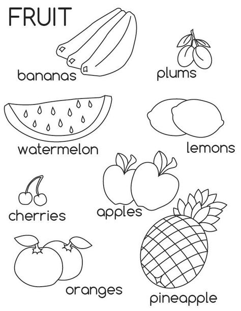 Free Printable Fruit Coloring Pages For Kids Coloring Worksheets For Kindergarten, Fruit Coloring, Vegetable Coloring Pages, Vegetable Pictures, Kindergarten Coloring Pages, Fruit Coloring Pages, Fruits For Kids, Worksheet For Kids, Fruit Picture