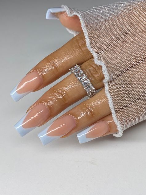 Spring nails Light Blue Nails With Simple Design, Dusty Blue Nails Acrylic Wedding, Glittery Spring Nails, Nails Coffin Light Blue, Icy Blue French Tip Nails, Bridal Nails Blue, Dusty Blue Nails With Design, Baby Blue French Nails, Ice Blue Nails Winter