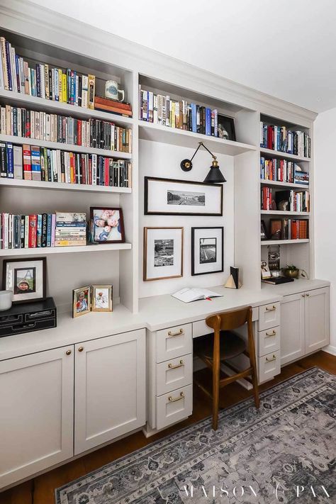 Inbuilt Bookshelves And Desk, Shelf And Desk Combo, Book Shelves With Hidden Desk, Built In Desk With Shelves Above, Built In Shelf With Desk, Desk Integrated Bookshelf, Corner Bookcase With Desk, Small Library Room Ideas With Desk, Wall Bookshelves With Desk