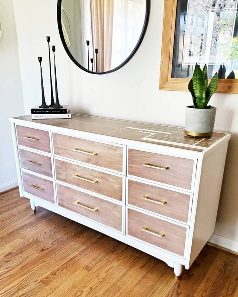 I got this mid century modern dresser on my local Facebook marketplace for $50. It had some veneer whipping and a finish that was in bad shape. I wanted to light it up a little bit, so I knew I was going to use white paint and a white wash on this dresser. First thing was to start sanding it down with my orbital sander 120,220,320 grit. All sanded down. I was going to add new hardware, I used wood filler to fill in the holes from the original hardware and purchased new brass hardwa… Staining A Dresser, Painted White Dresser Ideas, White Washing Dresser, Dresser Update Diy, White And Natural Wood Furniture, White And Wood Boho Dresser, White Dresser With Natural Wood Top, Diy Coastal Dresser Makeover, White And Wood Dresser Diy