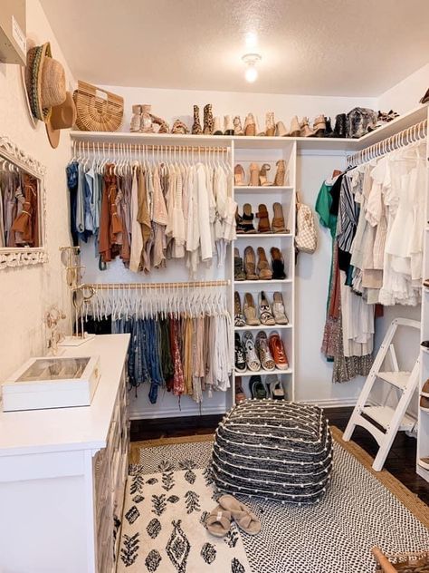 In Closet Organization, Small Closet With High Ceiling, Small Dressing Room Storage Ideas, Cheap Dressing Room Ideas, Upgrading Builder Grade Closet, Boho Walk In Closet Ideas, Big Closet With Vanity, Open Wall Closet Ideas, Converting Spare Bedroom Into Closet