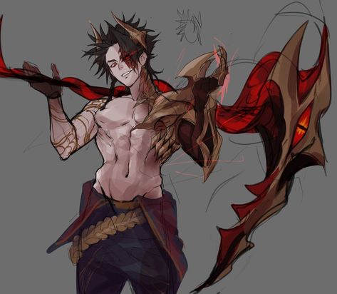 Holding Scythe, Kayn League Of Legends, Armor Belt, Obsidian Dragon, Black Sclera, Background Sketch, Legend Drawing, Shoulder Armor, Mind Control