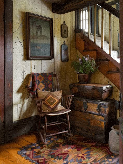 25 Rustic Entryways That Welcome in Style Wood Cabin Interior Rustic, Rustic Room Ideas Bedrooms, Vintage Rustic Home Decor, Rustic House Interior Decor, Charming Entryway, Rustic Cabin Living Room, Textured Rugs, Wooden Rocker, Moss Walls