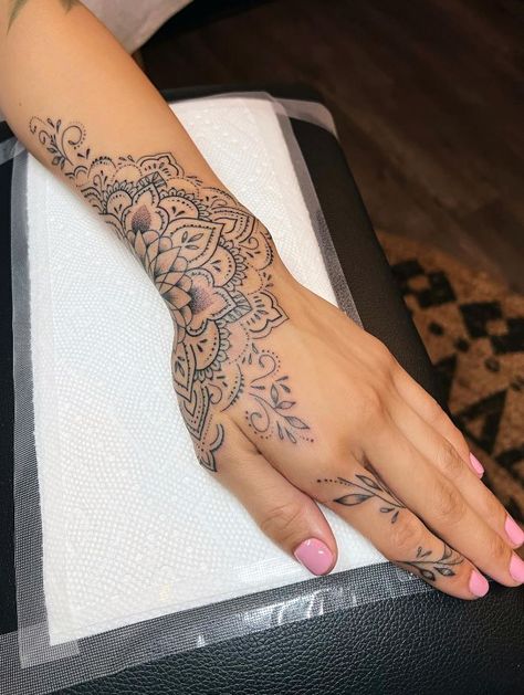 The Best Ornamental Tattoos Of All Time - TheTatt Wrist Hand Tattoo, Mandala Arm Tattoos, Mandala Tattoos For Women, Lower Arm Tattoos, Thumb Tattoos, Mandala Hand Tattoos, Hand And Finger Tattoos, Pretty Hand Tattoos, Hand Tattoos For Women