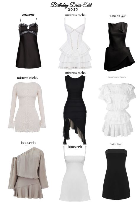 A variety of different black, white or neutral colored birthday dresses. Short Old Money Dress, Dress For 18th Birthday Summer Outfits, Dresses For 18th Birthday Parties, 18th Bday Dress Ideas, Black Themed Birthday Party Outfits, Birthday Dresses For Winter, 18th Dress Birthday Outfits, Birthday Dress Ideas For Teens, Shein Birthday Dress