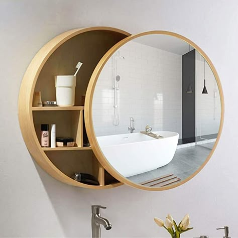 Wood Mirror Bathroom, Mirror Sliding, Small Bathroom Mirrors, Bathroom Mirror Design, Bathroom Mirror Storage, Bathroom Mirror With Shelf, Bathroom Cabinets Designs, Round Bathroom, Washbasin Design