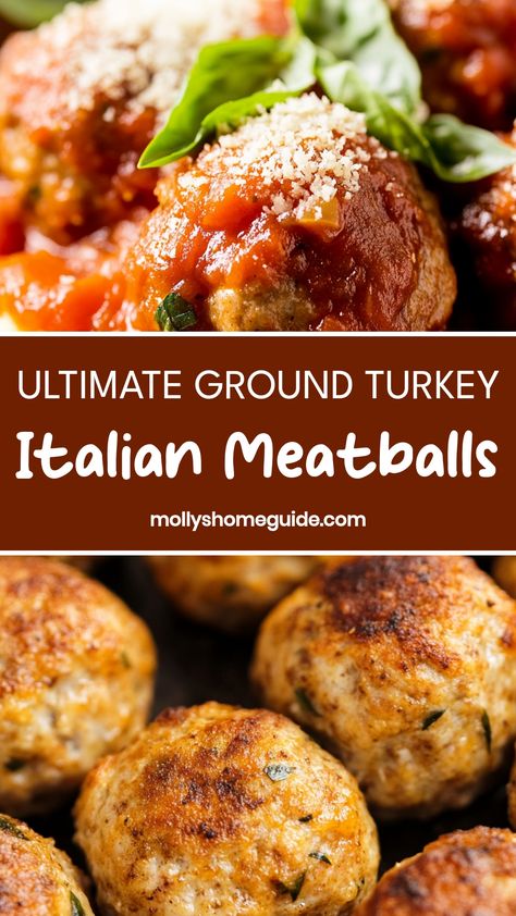 Delight your taste buds with these flavorful ground turkey Italian meatballs! This easy recipe is perfect for a cozy weeknight dinner or weekend meal prep. Simply combine ground turkey with herbs, spices, and breadcrumbs, then bake or simmer in your favorite marinara sauce. Serve over pasta or enjoy as a protein-packed appetizer. These homemade Italian meatballs are sure to be a hit with the whole family - Buon appetito! Meatballs With Ground Turkey, No Pasta Meatball Dinner, Paleo Ground Turkey Recipes For Dinner, Baked Italian Turkey Meatballs, Appetizers With Ground Turkey, Italian Turkey Meatballs Recipe, Ground Turkey Italian Meatballs, Healthy Dinner Ideas With Ground Turkey, Ground Turkey Meatballs Oven