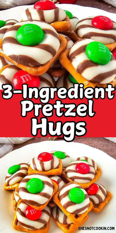 Pretzel hugs for Christmas on a white plate. Rudolph Pretzel Treats, Christmas Dessert Kids Can Make, 3 Ingredient Christmas Desserts, Christmas Savory Snacks For Kids, Easy Diy Christmas Treats For Kids, Kids Christmas Treats To Make, Christmas Class Snacks For Kids, Easy Kid Christmas Treats, Cheap Christmas Snack Ideas