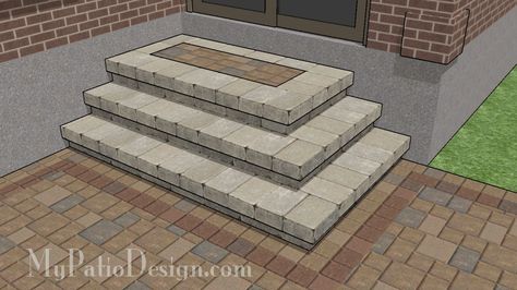 Beautiful Tumbled Block Creates Cascading Steps for Your Patio. | Download Installation Plans at MyPatioDesign.com Patio Step, Paver Steps, Patio Blocks, Large Pavers, Patio Stairs, Front Porch Steps, Front Door Steps, Cascade Design, Brick Steps