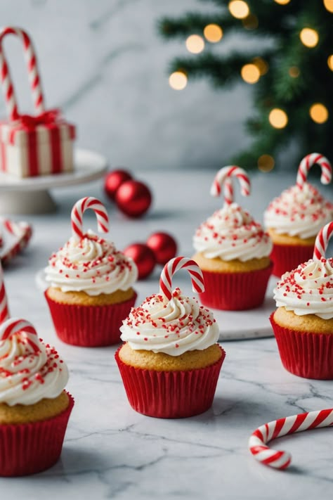 A photo of a  Candy Cane Cupcakes which is a type of Christmas cupcake recipes Sweet Board Christmas, Food To Make For Christmas Party, Holiday Mini Cupcakes, Cute Holiday Baking Ideas, Christmas Baking Recipes Cupcakes, Cupcakes Christmas Ideas, Cupcake For Christmas, Christmas Cookies And Cupcakes, Xmas Cupcake Ideas Simple